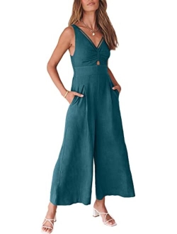 Women's Summer Wide leg Jumpsuits V Neck Smocked Cutout High Waist Thick adjustable straps Rompers