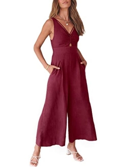 Women's Summer Wide leg Jumpsuits V Neck Smocked Cutout High Waist Thick adjustable straps Rompers