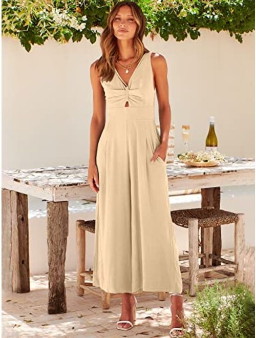 ANRABESS Women's Summer Wide leg Jumpsuits V Neck Smocked Cutout High Waist Thick adjustable straps Rompers