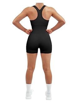 Women Racerback Workout Romper One Piece Ribbed Seamless Jumpsuit Pads