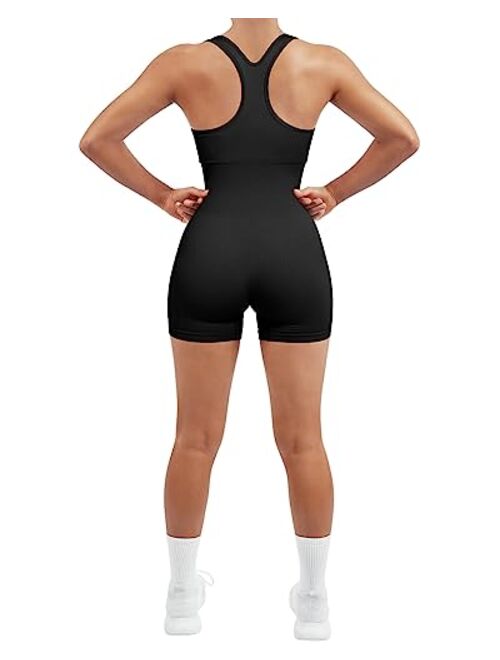 SUUKSESS Women Racerback Workout Romper One Piece Ribbed Seamless Jumpsuit Pads