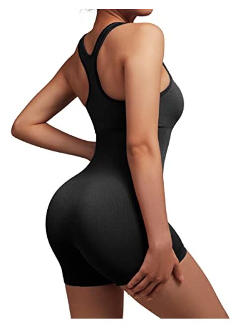 SUUKSESS Women Racerback Workout Romper One Piece Ribbed Seamless Jumpsuit Pads