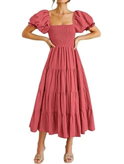 Women's Casual Summer Midi Dress Puffy Short Sleeve Square Neck Smocked Tiered Boho Dresses