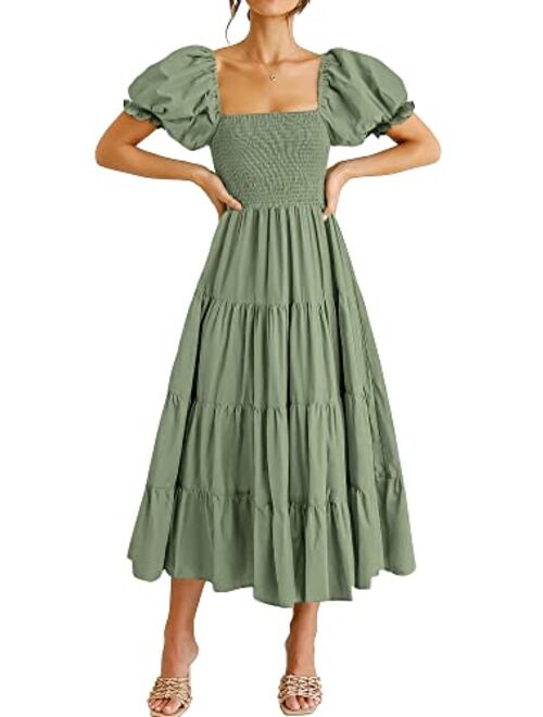 ANRABESS Women's Casual Summer Midi Dress Puffy Short Sleeve Square Neck Smocked Tiered Boho Dresses