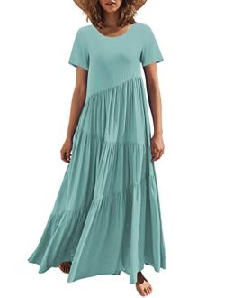 Womens Summer Casual Loose Maxi Dress Short Sleeve Crewneck Asymmetric Tiered Beach Long Dresses