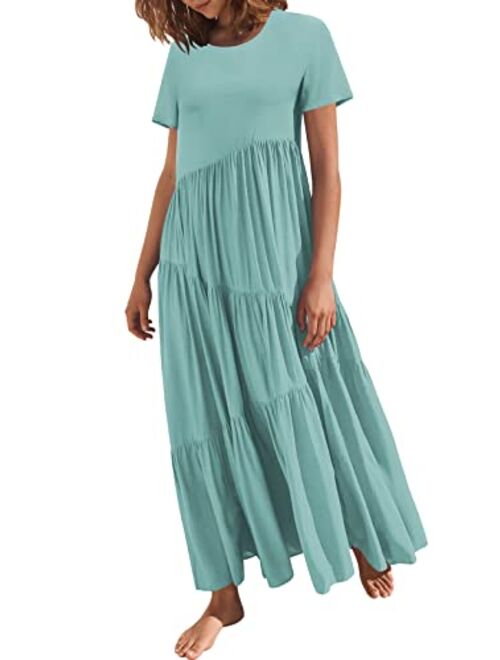 ANRABESS Womens Summer Casual Loose Maxi Dress Short Sleeve Crewneck Asymmetric Tiered Beach Long Dresses