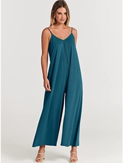 Women's Summer Casual Spaghetti Strap V Neck Oversized Wide Leg Jumpsuit Pockets Beach Travel Outfits