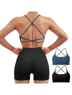 Women 2 Piece Open Back Sports Bra Pack Strappy Workout Gym Yoga Crops