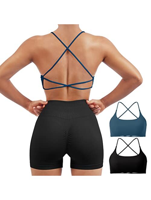 SUUKSESS Women 2 Piece Open Back Sports Bra Pack Strappy Workout Gym Yoga Crops