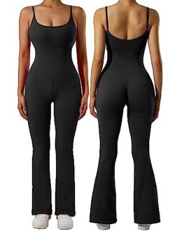 Women Ribbed Flare One Piece Jumpsuits Seamless Padded Sexy Jumpsuit