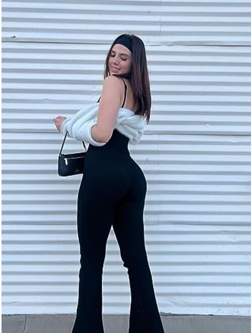 SUUKSESS Women Ribbed Flare One Piece Jumpsuits Seamless Padded Sexy Jumpsuit