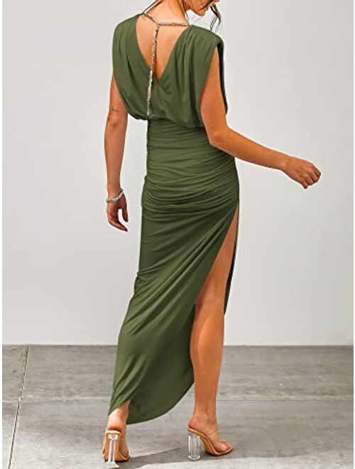 ANRABESS Women 2023 Summer Sleeveless Ruch Bodycon High Waist Asymmetric Slit Cocktail Maxi Dress