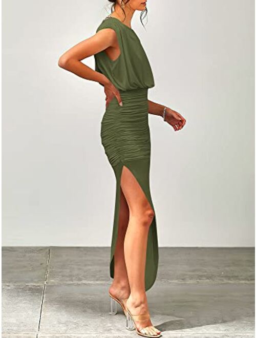 ANRABESS Women 2023 Summer Sleeveless Ruch Bodycon High Waist Asymmetric Slit Cocktail Maxi Dress