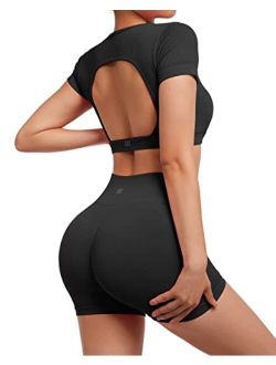 Open Back Short Sleeve Scrunch Butt Booty Shorts Seamless Ribbed Workout Sets 2 Piece Outfits