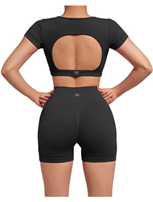 SUUKSESS Open Back Short Sleeve Scrunch Butt Booty Shorts Seamless Ribbed Workout Sets 2 Piece Outfits