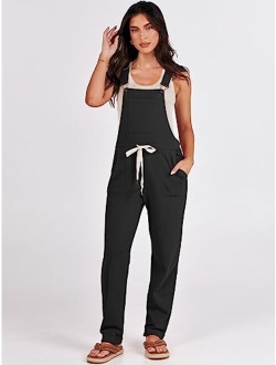 Women's Overalls Jumpsuit Casual Sleeveless Adjustable Tie Straps Drawstring Jumpers Outfits with Pockets