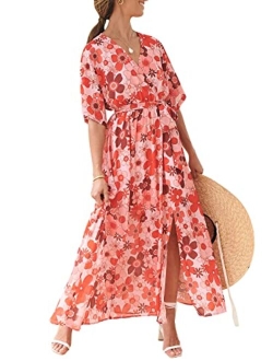 Womens Summer Loose Kimono Maxi Dress Wrap V Neck 3/4 Sleeve Floral Print Slit Long Dresses