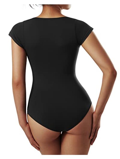 SUUKSESS Women Cap Sleeve Square Neck Bodysuit Seamless Short Sleeve Tops