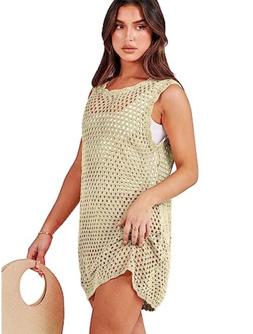 ANRABESS Women Swimsuit Crochet Swim Cover Up Summer Bathing Suit Swimwear Knit Sleeveless Pullover Beach Dress