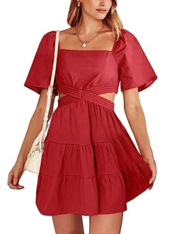 Women Summer Square Neck Short Sleeve Cutout Crossover Waist Casual Party Tiered A-Line Mini Dress