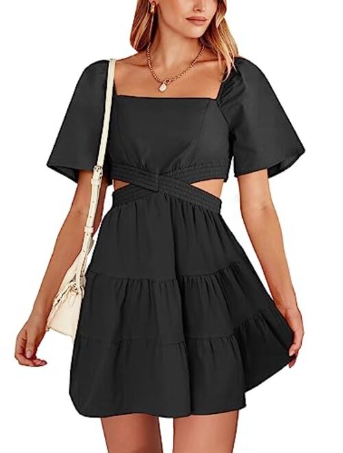ANRABESS Women Summer Square Neck Short Sleeve Cutout Crossover Waist Casual Party Tiered A-Line Mini Dress