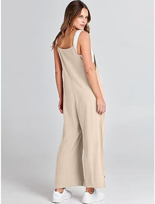 ANRABESS Women Casual Loose Long Bib Pants Wide Leg Jumpsuits Baggy Linen Rompers Overalls with Pockets
