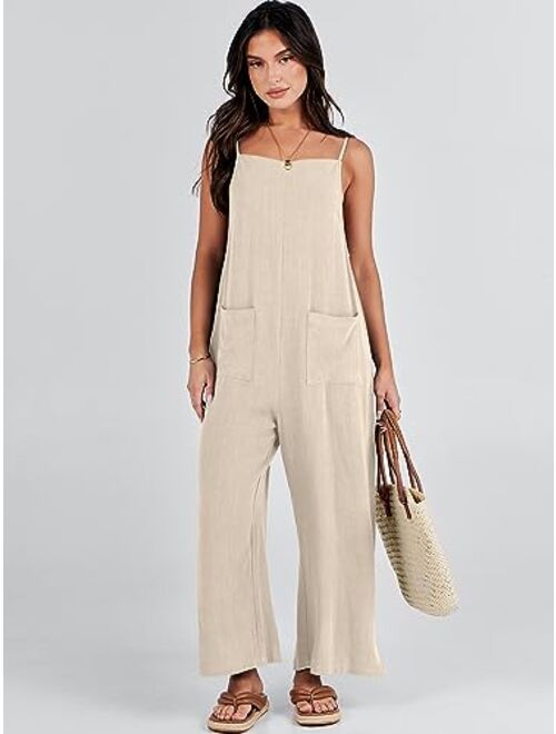 ANRABESS Women Casual Loose Long Bib Pants Wide Leg Jumpsuits Baggy Linen Rompers Overalls with Pockets