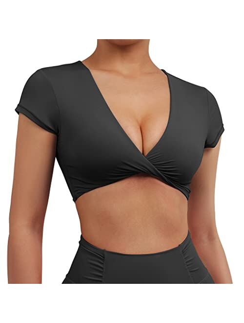 SUUKSESS Women V Neck Twist Crop Tops Padded Low Cut Workout Tops Short Sleeve Workout Shirts