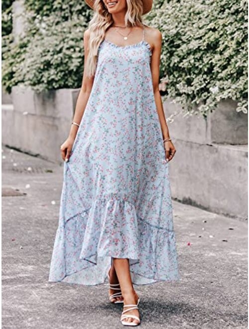 ANRABESS Womens Summer High Low Ruffle Maxi Dress Spaghetti Strap Print Flowy Beach Long Dress