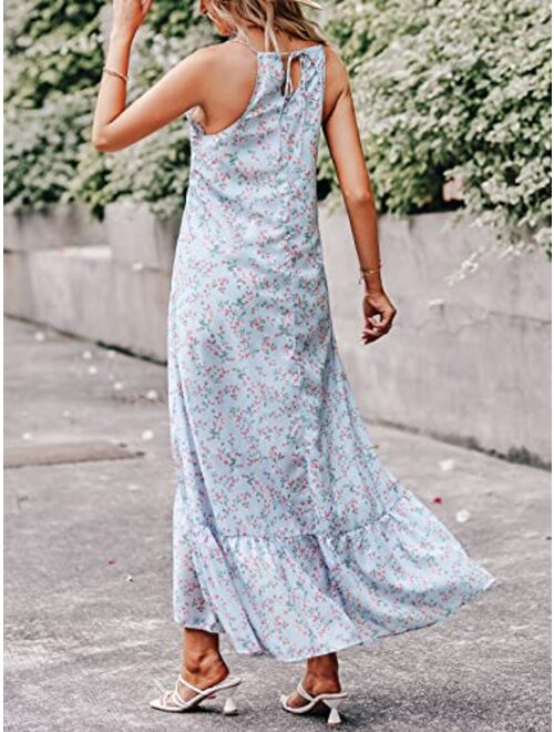 ANRABESS Womens Summer High Low Ruffle Maxi Dress Spaghetti Strap Print Flowy Beach Long Dress