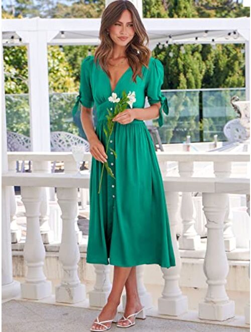 ANRABESS Womens 2023 Spring Summer Casual Short Sleeves Deep V Neck Button Down A-Line Midi Dress