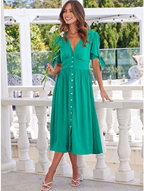 ANRABESS Womens 2023 Spring Summer Casual Short Sleeves Deep V Neck Button Down A-Line Midi Dress