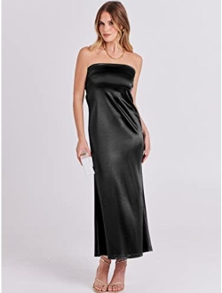 Women Summer Satin Strapless Formal Dress Sexy Backless Bodycon Wedding Cocktail Party Maxi Dress