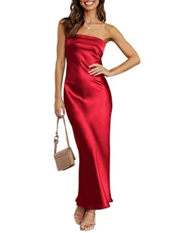 Women Summer Satin Strapless Formal Dress Sexy Backless Bodycon Wedding Cocktail Party Maxi Dress