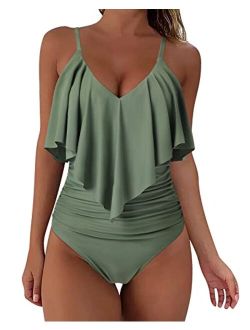 Women Slimming Ruffle One Piece Swimsuits Ruched Tummy Control Bathing Suits
