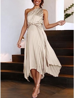 Women's Summer One Shoulder Midi Dress Sleeveless Twist Pleated Asymmetric Satin Cocktail Party Dress