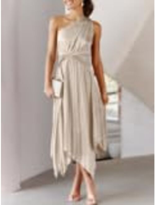 ANRABESS Women's Summer One Shoulder Midi Dress Sleeveless Twist Pleated Asymmetric Satin Cocktail Party Dress