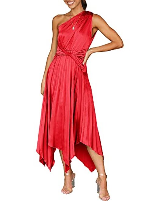 ANRABESS Women's Summer One Shoulder Midi Dress Sleeveless Twist Pleated Asymmetric Satin Cocktail Party Dress