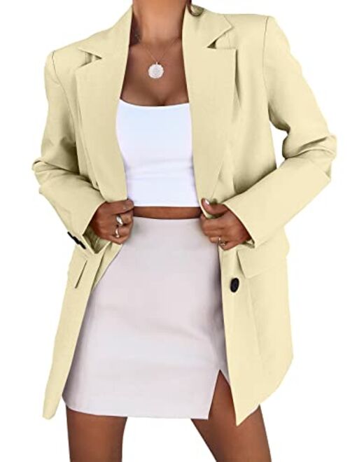 ANRABESS Women's Casual Button Long Sleeve Lapel Open Front Pad Shoulder Office Blazer Jacket Work Suit