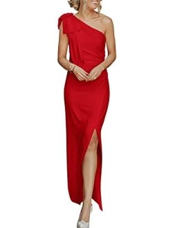 Women's Summer One Shoulder Long Formal Dresses Sleeveless Ruched Bodycon Wedding Guest Slit Maxi Dress