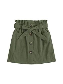 Girl's Paper Bag Waist Button Front Pocket A Line Belted Skirt