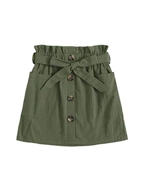 SOLY HUX Girl's Paper Bag Waist Button Front Pocket A Line Belted Skirt