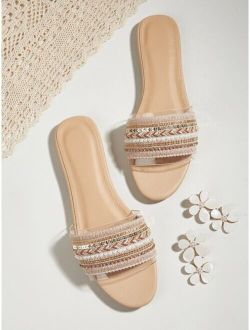 Faux Pearl & Rhinestone Detail Slide Sandals