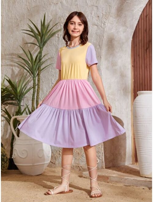 SHEIN Teen Girls Colorblock Ruffle Hem A-line Dress