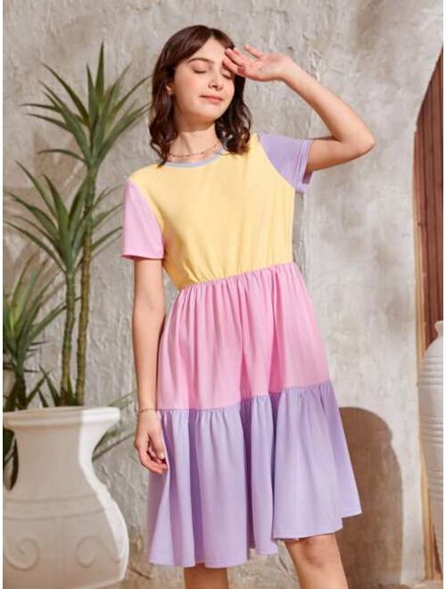 SHEIN Teen Girls Colorblock Ruffle Hem A-line Dress