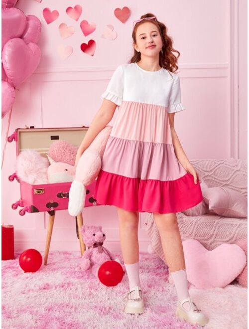 SHEIN Teen Girls Colorblock Flounce Sleeve Ruffle Hem Smock Dress