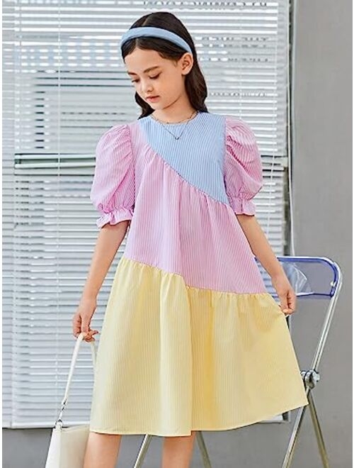 WDIRARA Girl's Colorblock Striped Print Ruffle Trim Puff Sleeve Round Neck Midi Smock Dress