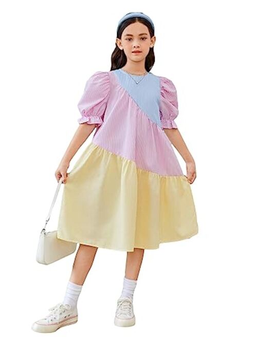 WDIRARA Girl's Colorblock Striped Print Ruffle Trim Puff Sleeve Round Neck Midi Smock Dress