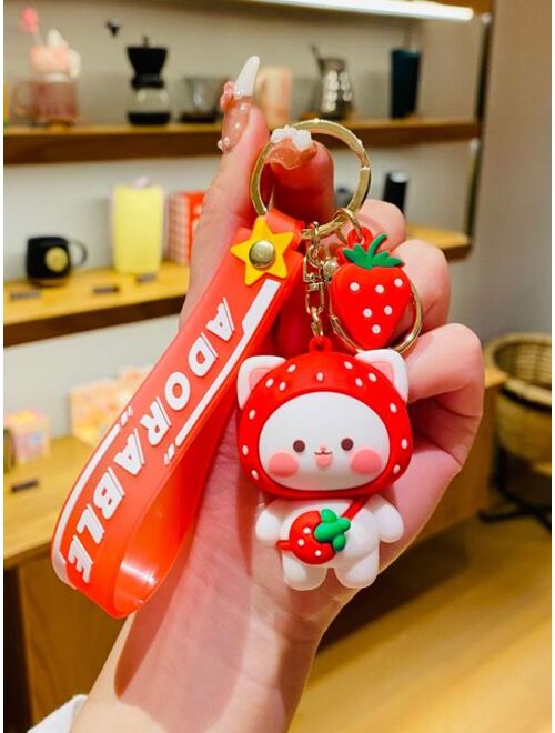 Shein 1pc Unisex Cartoon Cat & Strawberry Charm Cute Keychain For Key Decoration