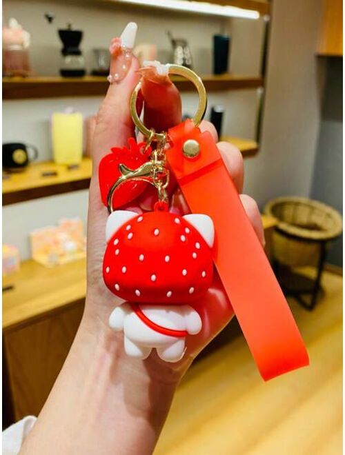 Shein 1pc Unisex Cartoon Cat & Strawberry Charm Cute Keychain For Key Decoration
